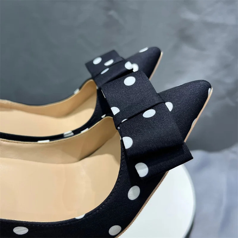 Black Polka Dot Stain 10Cm Heels Knot Studded WomenS Modern Heel Pointed Toe Casual Shoes WomenS Heel Shoes Size 34-45 250103