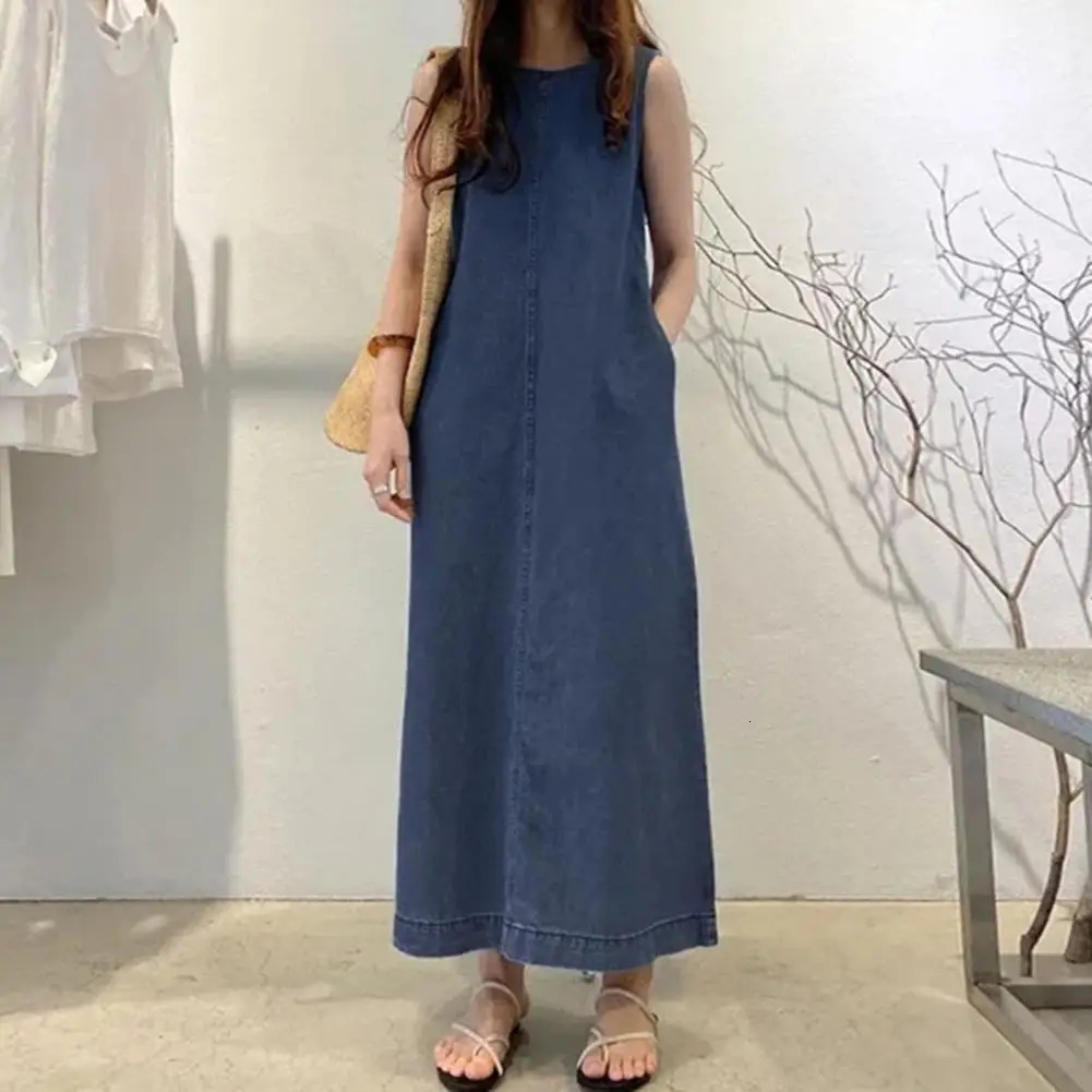 Femme Fashion Casual Loose Long Maxi Sundress Pleated Denim Vestido Sleeveless Robe Women Summer A Line Dress Overszie 250107