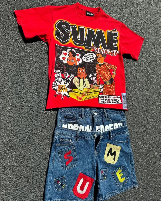 ed printed colorful patch washed denim shorts summer loose casual straight pants versatile two-piece five-point pants 250107