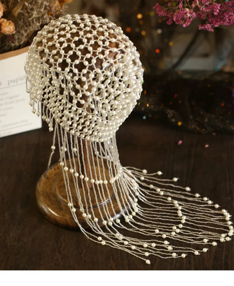 Vintage Aesthetic Women Exotic Pearl Tassel Belly Dance Head Cap Hat HeadwrapHair AccessoryHeadpiece for Party Wedding Showing 250107