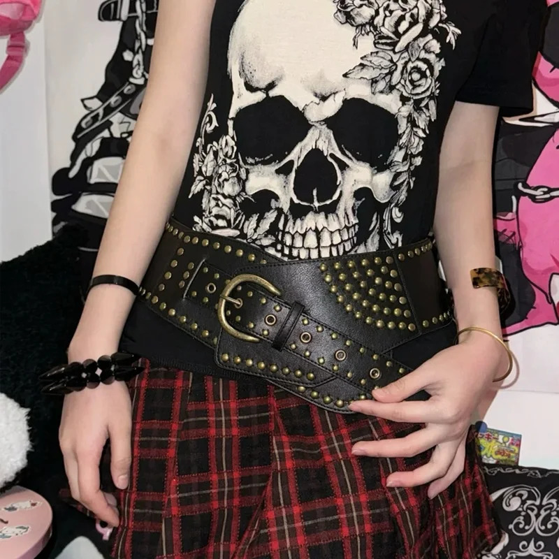 Y2K Rivet Ring Belt Vintage Punk Style Crop Belts Women Fashion Hollow Out Decorative Concave-shaped Belt Streetwear 250107