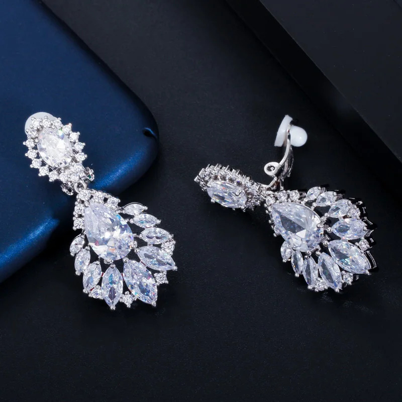 CWWZircons Gorgeous Silver Color Dangle Drop CZ Zirconia Women Long Clip On Earrings for No Pierced Hole Ears CZ006 250103