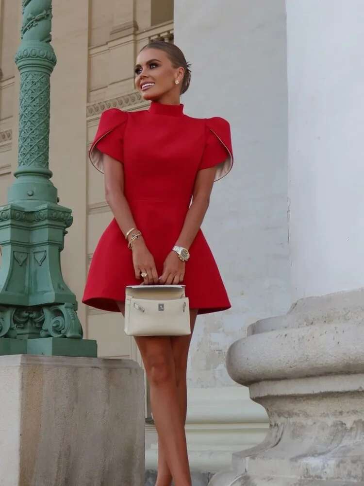 2024 Elegant Women Formal Hollow Red O-Neck Mini Dress Fashion Bow Pad Shoulder Evening Dresses Lady Street Party Vestido