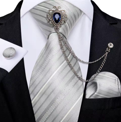 Luxury Green Plaid Silk Ties For Men With Handkerchief 8cm Wide Wedding Neck Tie Set Pocket Square Brooch Chain Accessories Gift