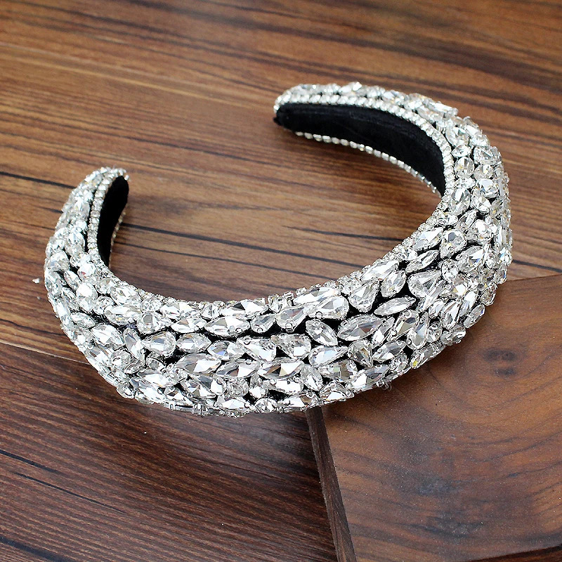 Large Silver Color Crystal Gem Headbands Padded Shiny Rhinestone Bridal Hairbands For Women Wedding Hair Accessories 250107