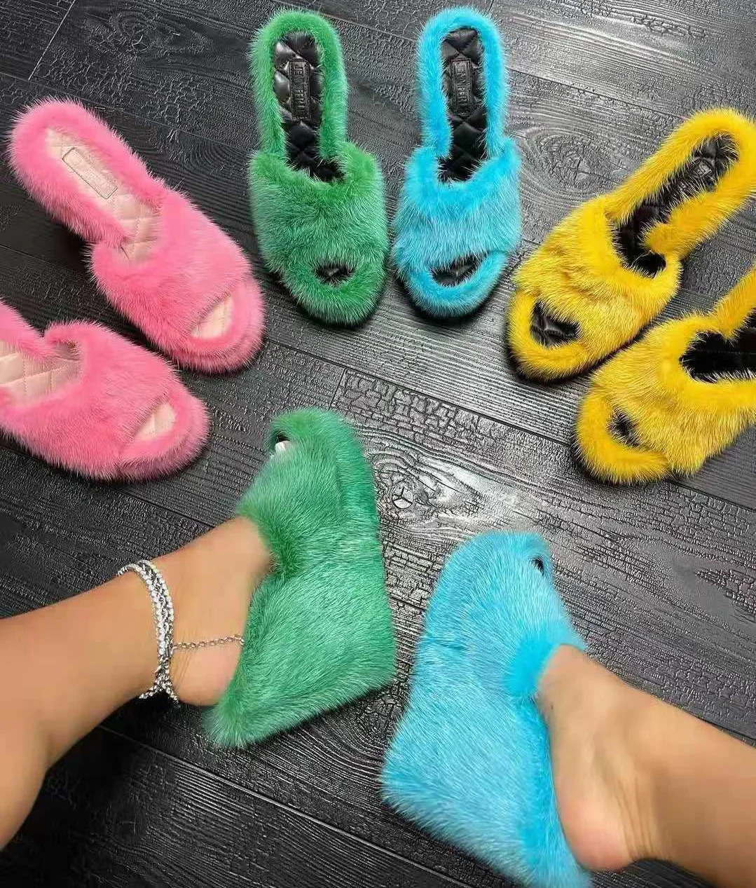 women feminine high-heeled fur drag outdoor all-match shoes slippers round head wedges with mink fur slippers 250107