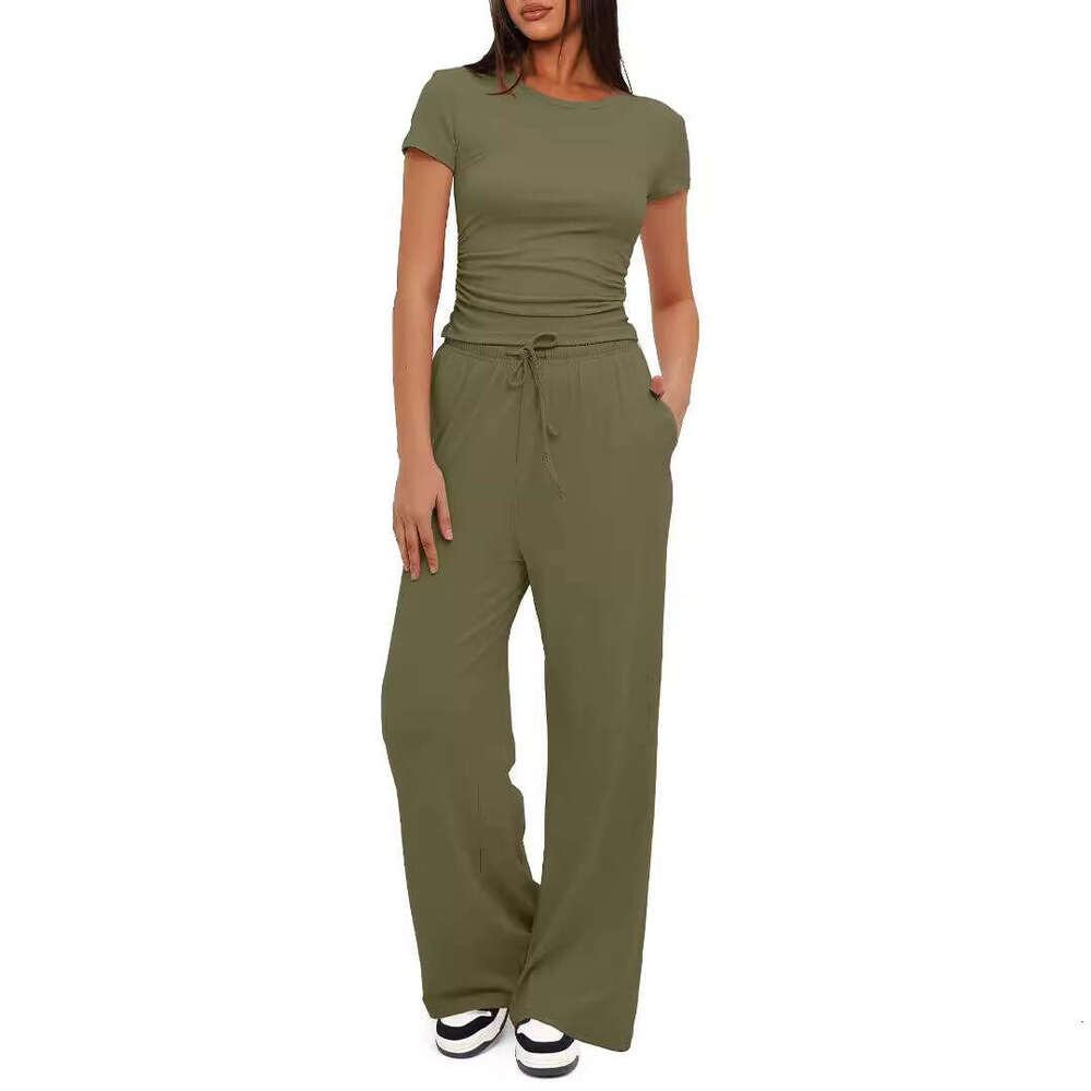 European American Women's 2-Piece Casual Suit With Pleated Short Sleeved Top, High Waist And Wide Legs, Pants For Transportation