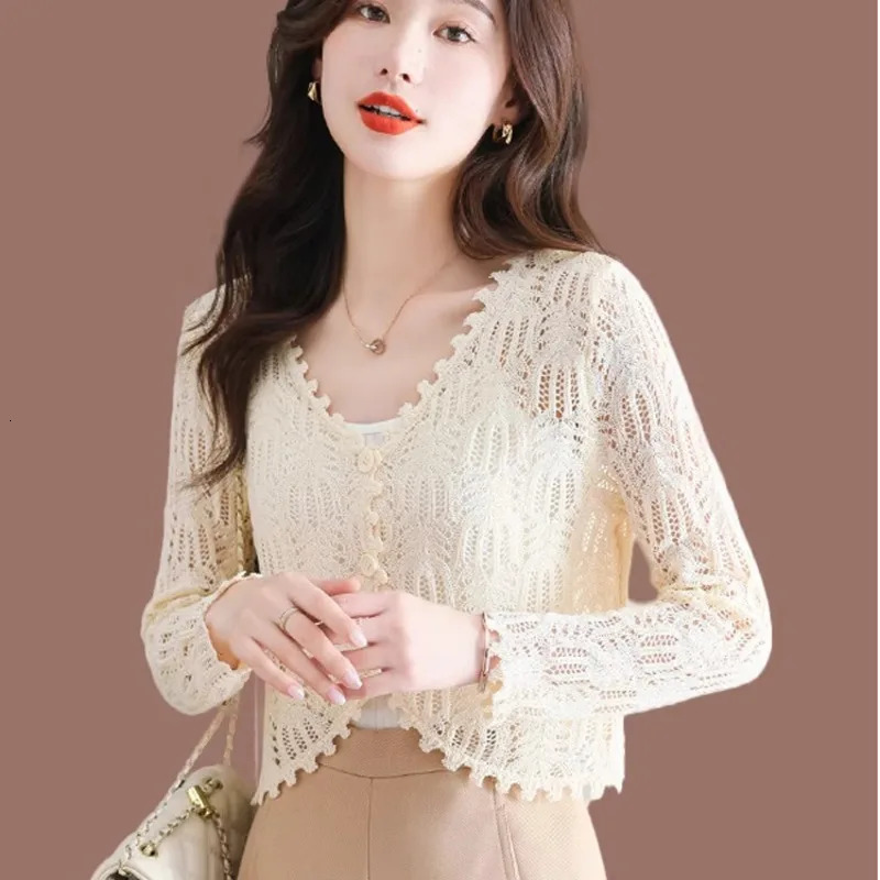 3515 Vintage Knitted Jacket Women Thin Summer Short Hollow Out Sunscreen Coat Sexy Slim Knit Outerwear Buttons Solid Color 250103