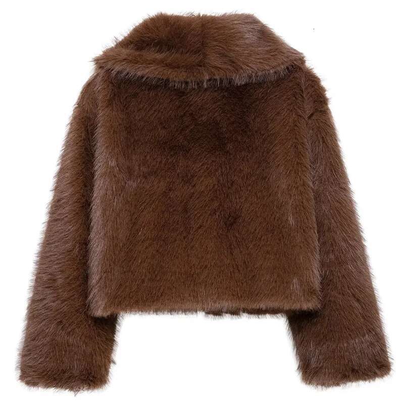 TRAF Women's Winter Fluffy Faux Fur Coat Women Crop Brown Bury Jacket Fashion Plush Long Sleeve Coats Hairy Outwears