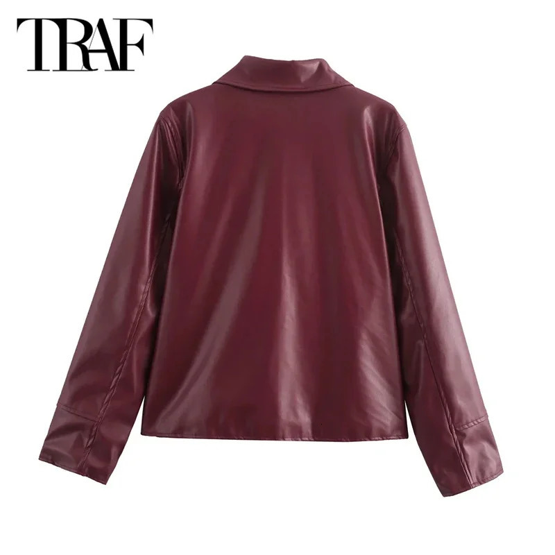 TRAF 2024 Women Faux Leather Jacket Autumn Winter Fashoin Long Sleeve Burgundy in Outerwears Streetwear Coats 250103