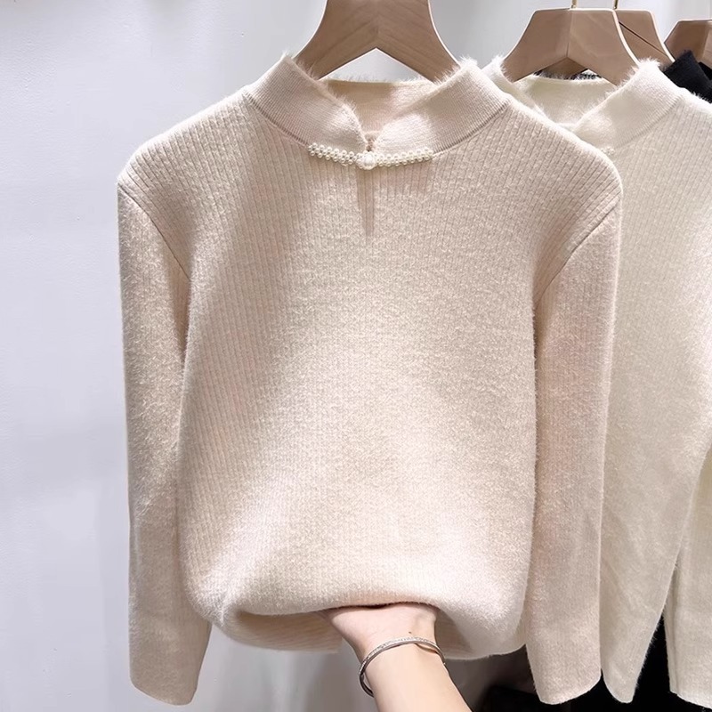 M1015 Chinese style buttoned plus velvet warm half-high collar knitted bottoming shirt women's one-piece fleece top spot autumn and winter inner 