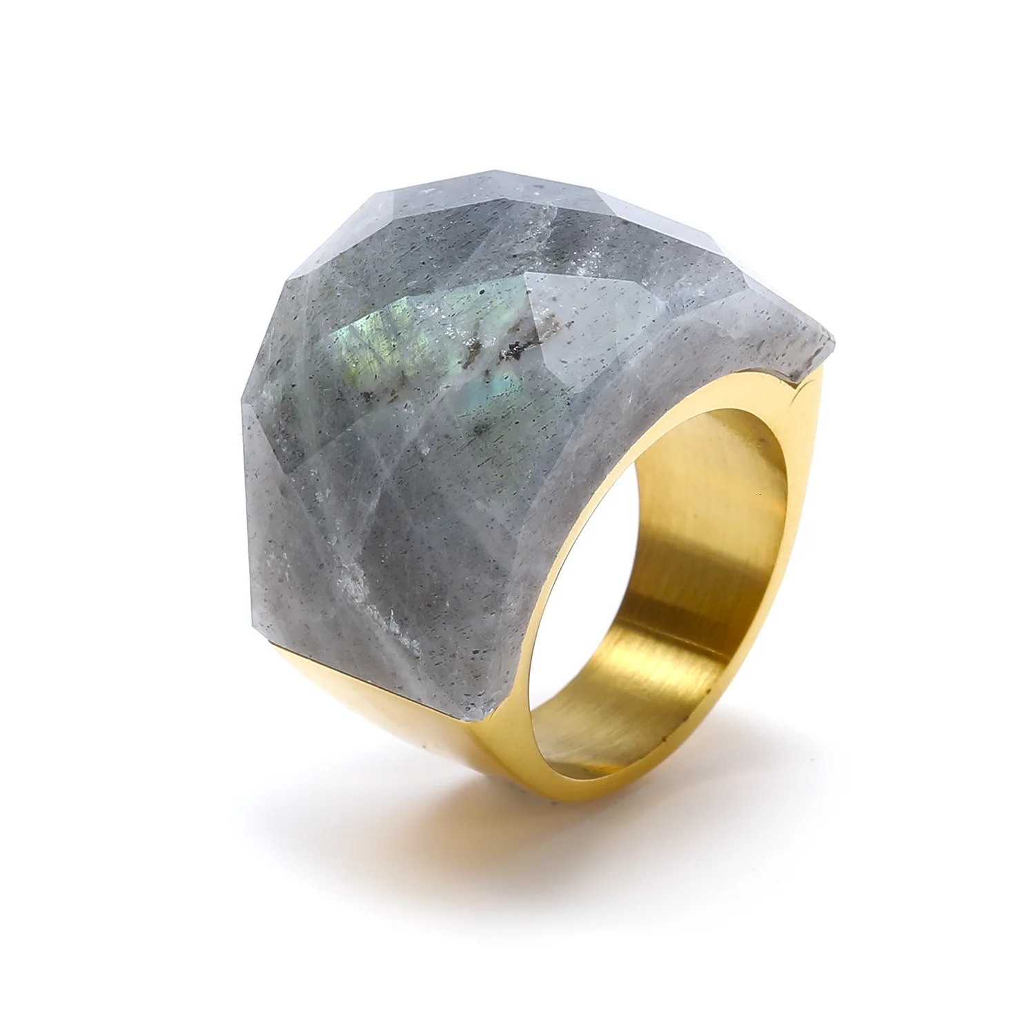 Natural Gemstone Solitaire Statement Rings For Women Stainless Steel Ring Cubic Zirconia gold color Vintage Jewelry 250107