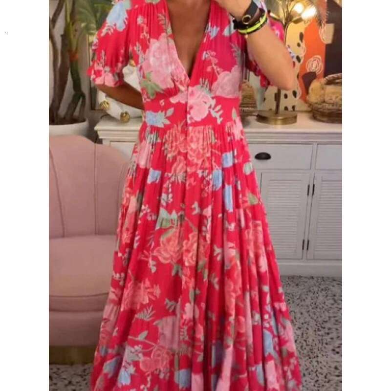 New Plus Size Super Fairy High Elasticity V-Neck Ral Dress For Beach Vacation, Loose Long Skirt