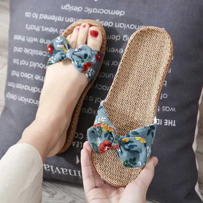 New Arrival Summer womens slippers family womens bow flat slippers linen flip up Bohemian beach sandals slippers Chaussure womens T250108