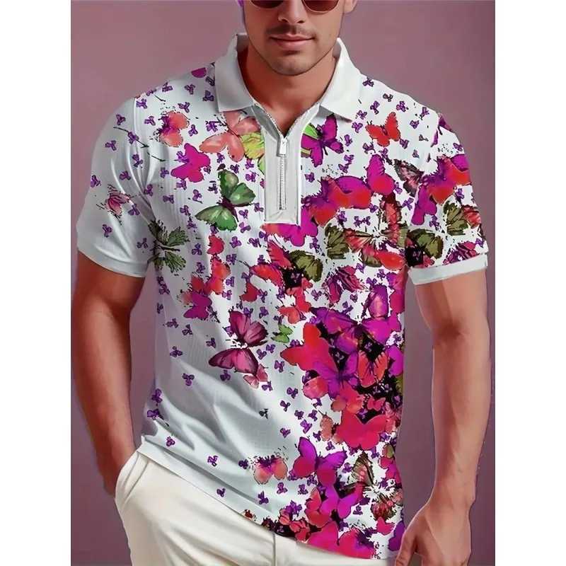 Mens POLO Shirt Fashion Butterfly Print Short-sleeved Casual Business Short-sleeved Summer Comfortable Zipper POLO ShirtXJ250108