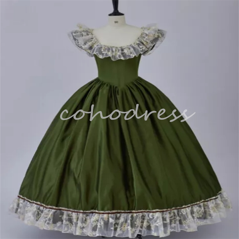 Victorian Green 1860s Prom Dress Cap Sleeve Lace French Duchess Evening Dress Costume Masquerade Civil War Party Belle 18th Century Dress Formal Occas