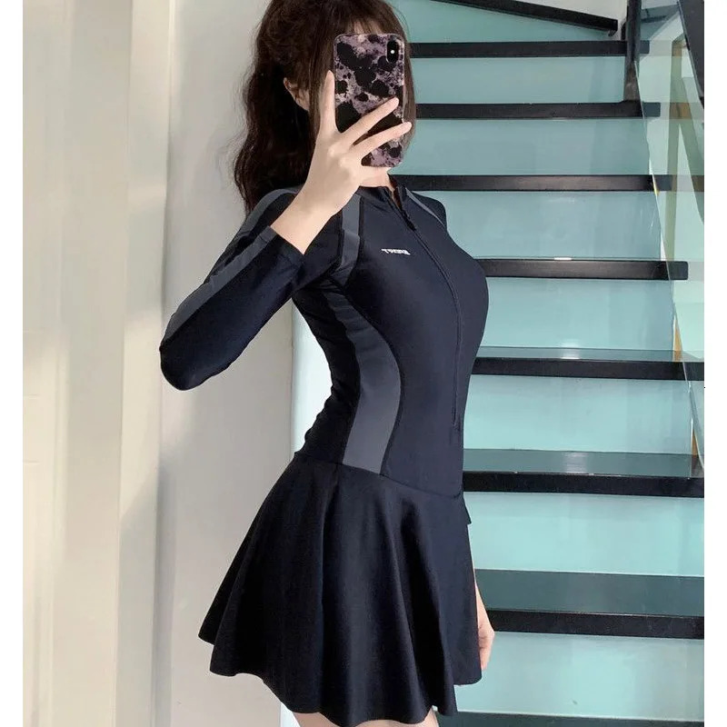 Long Sleeve Zipper One-piece Skirt Swimsuit Women Conservative Thin Slightly Fat Sexy Black Exclusive Swimming Pool Swimwear 250106