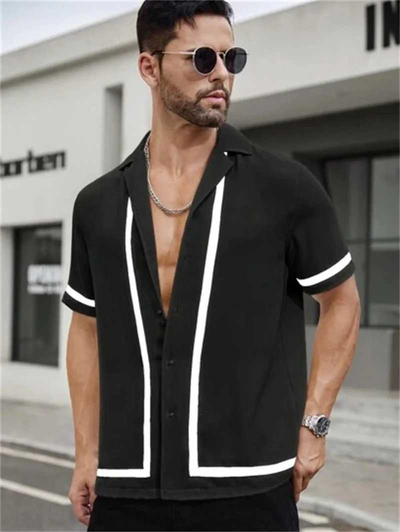 Summer Mens Shirt Retro Simple Striped Beach Short Sleeve Casual Lapel Shirt HawaiiXJ250108