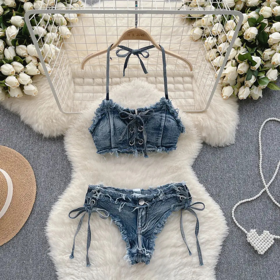 2025 Womens Bikinis Set Summer Sexy Denim Strap Bra Vest and Low Waist Shorts Bathing Suit Swimsuit Swimwear 250107