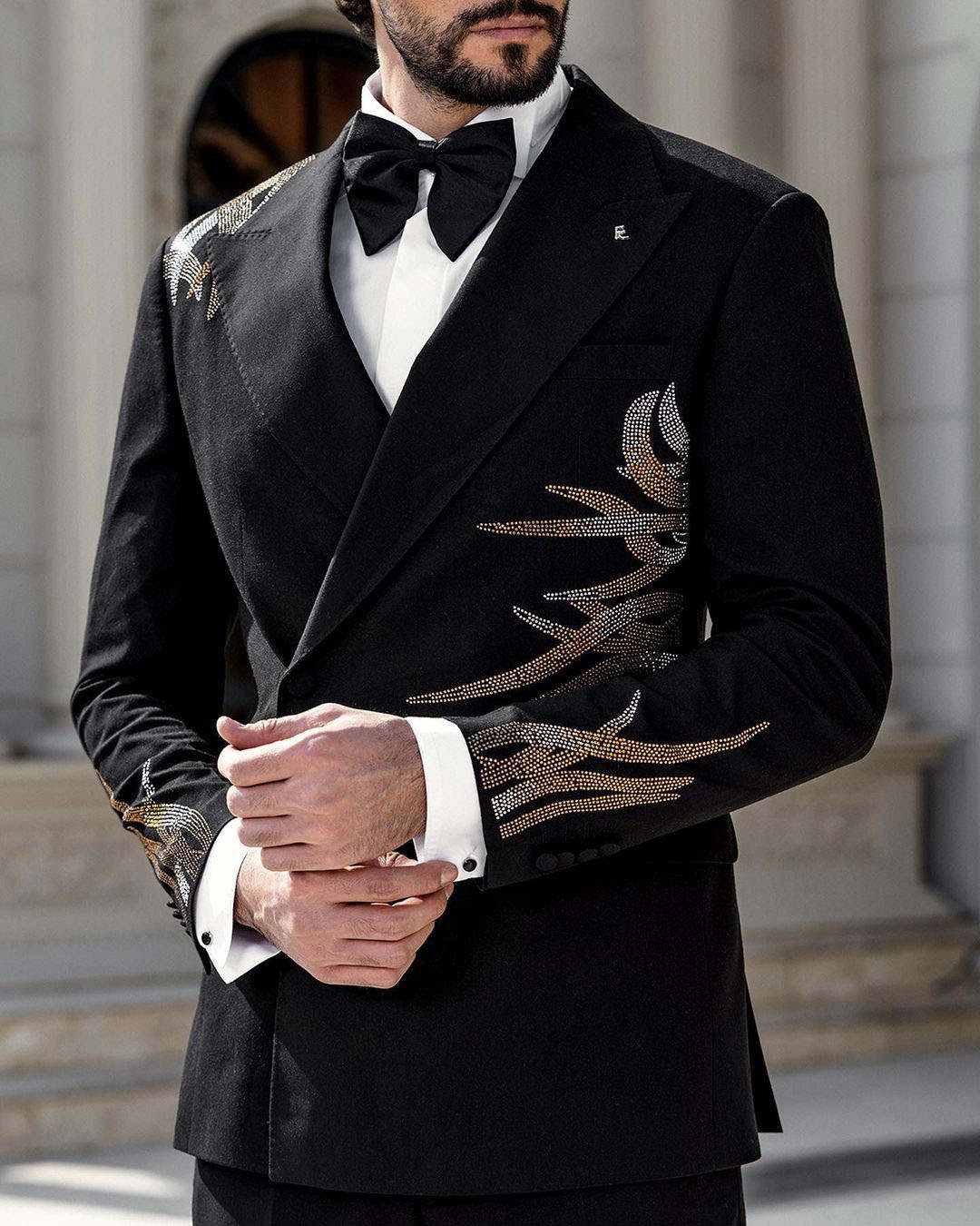 Simple Men Suits 2 Piece Set Jacket Pants Beaded Wedding Tuxedos Peaked Lapel One Button Party Event Groom suit Customized High Quality