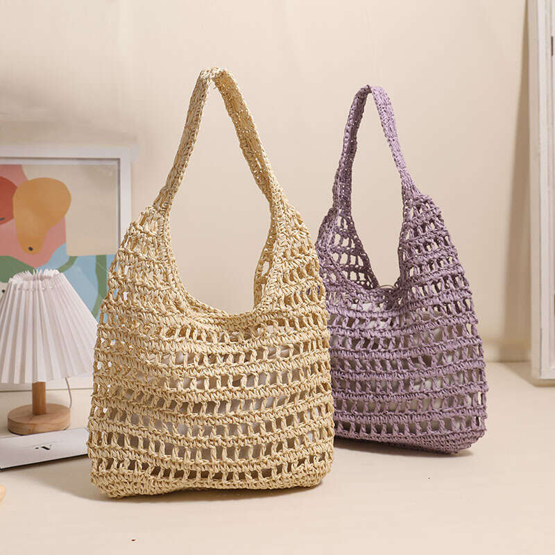 French Style Large Capacity Single Shoulder New Hollow Tote Portable Grass Woven Bag, Seaside Vacation Beach Bags