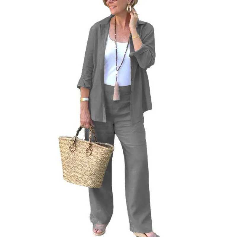 Autumn cotton linen set womens coat gray long Sve collar shirt casual pants two-piece sportswear set W250108