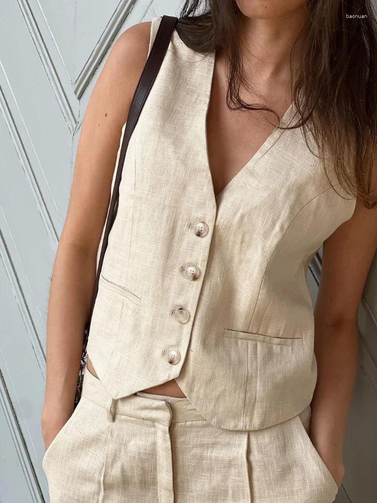 Womens Tracksuits Solid Cotton Linen Shorts 2 Peice Suit Single Breasted Button Sleeveless Vest Pockets Set Women 2025 Street Outfits