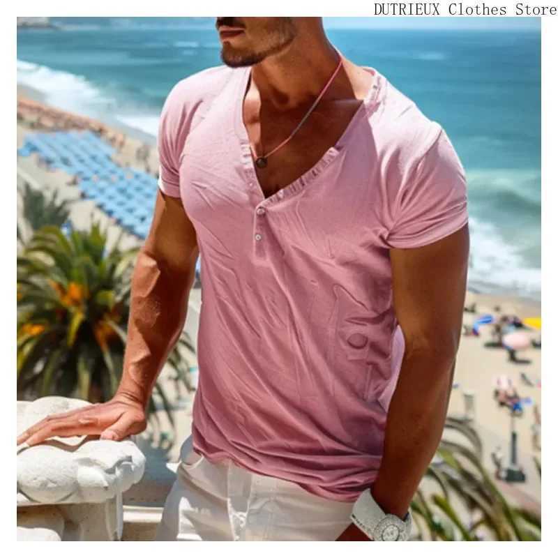 High Quality Summer new oversized mens V-neck T-shirt solid color mens short sleeved T-shirt mens clothing pink short sleeved T-shirt T250108