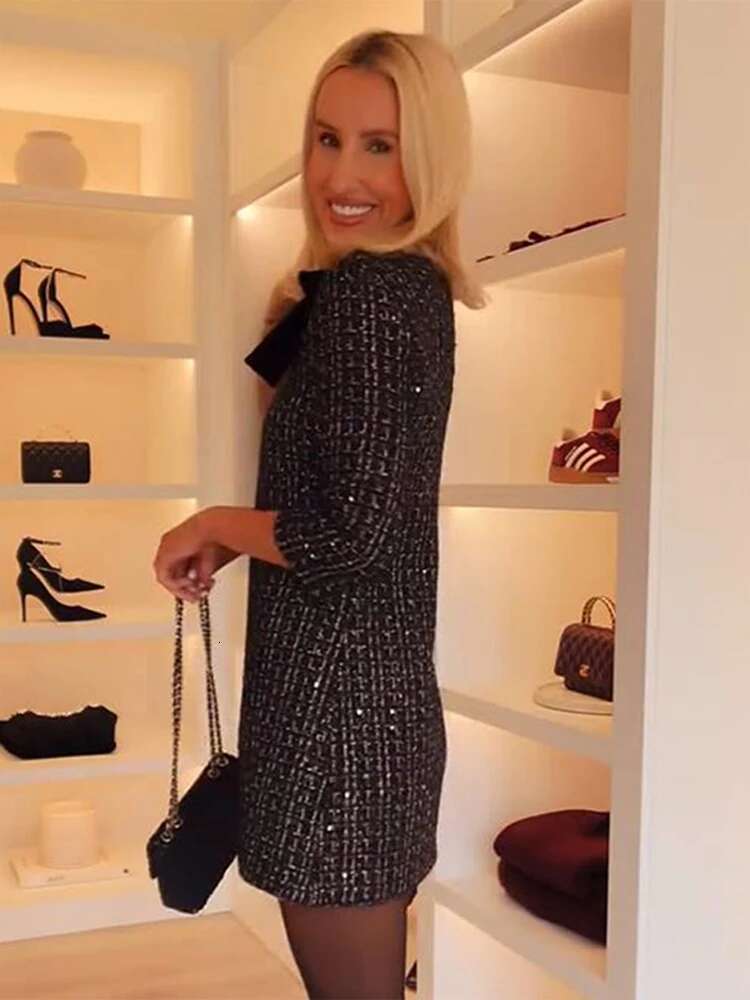 Fashion Bow Tweed Mini For Women 2025 Elegant Half Sleeve High Waist Evening Short Dress Female A-E Chic Party Vestidos