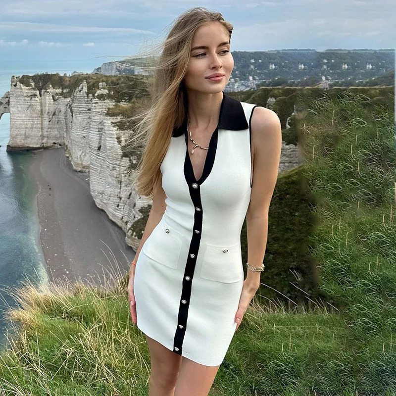 TARUXY Summer Sleeveless Knitted Mini Dress For Women Contrast Color Slim Dress Knitwear Single Breasted With Pocket Female 250107