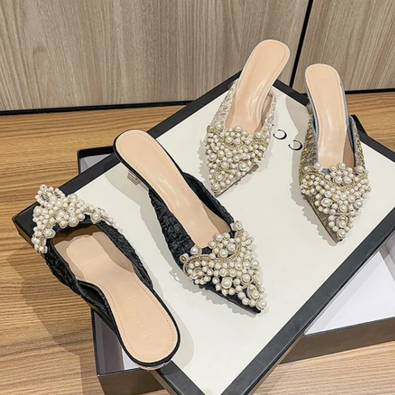 2024 Fashion Pointed Toe Pearl Slippers Pumps Office Dress Elegance Summer Slingback High-heeled Shoes for Women 250107