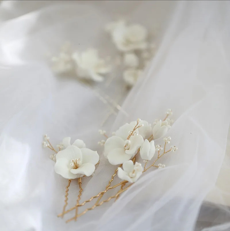 SLBRIDAL Handmade Ins Style Ceramic Flower Pearls Bridal Hair Pin Set Wedding Hair Sticker Hair Accessories Women Hair Jewelry 250107