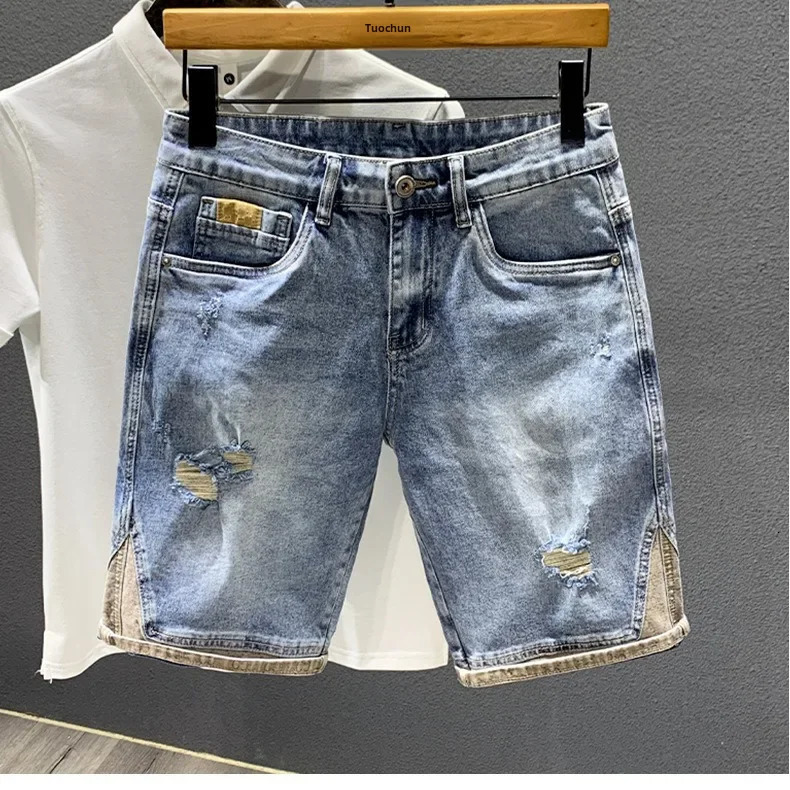 Trendy Highend Denim Shorts Mens Midwaist Fivepiece Jeans 2024 Summer Thin Style Spliced Fashionable Male Bottoms 250106