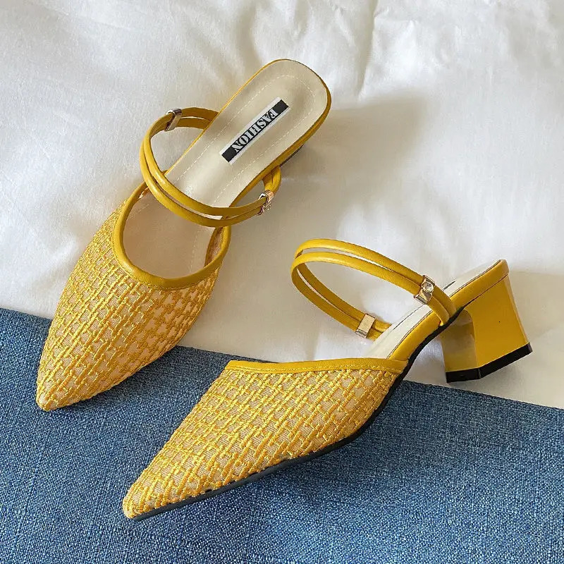 Summer Sexy Pointed Toe Sandals Thin Strap Mulles White Yellow Women Shoes Elegant Women Fashion Square Heels Slippers 250107