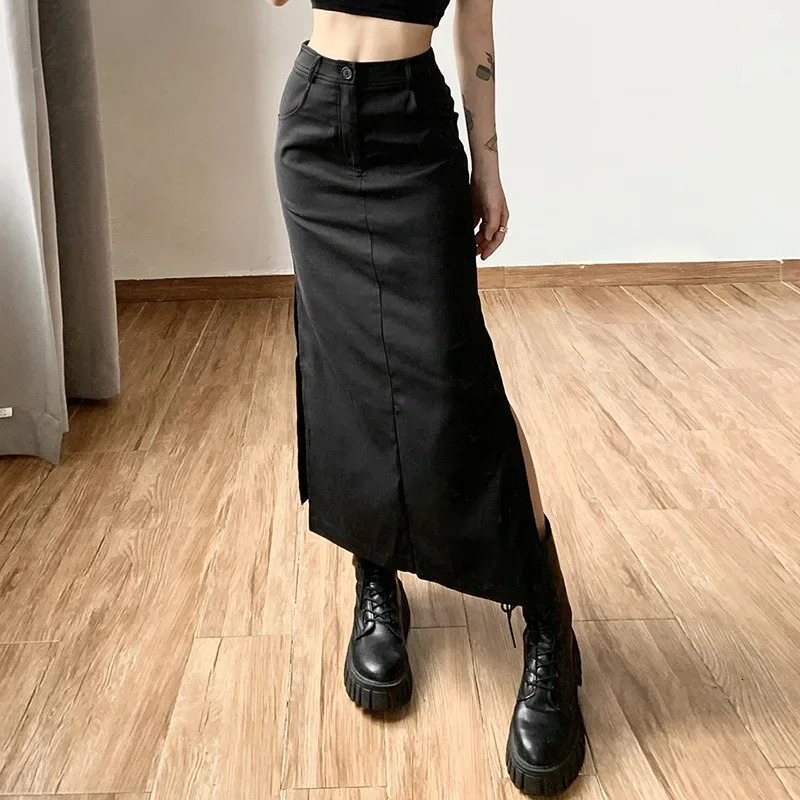 Women Midi Skirts Goth Dark Grunge Casual Tag Split Mall Gothic Punk High Raise Slim Long Skirt Y2k Sexy Fashion Streetwear 250106