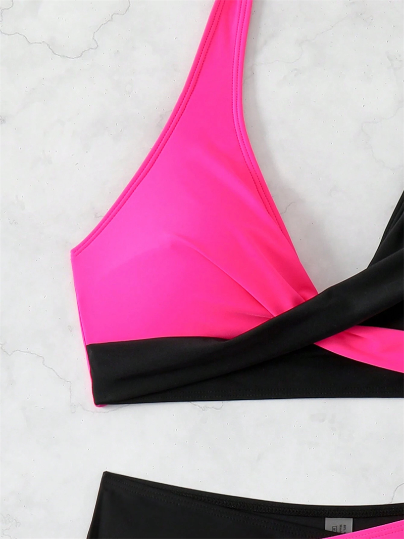 Women's Plus Size Bikinis Swimsuit Color Block Criss Cross Bikini Sets High Waisted Swimwear Big Woman Halter Neck Two Piece Bathing Suit