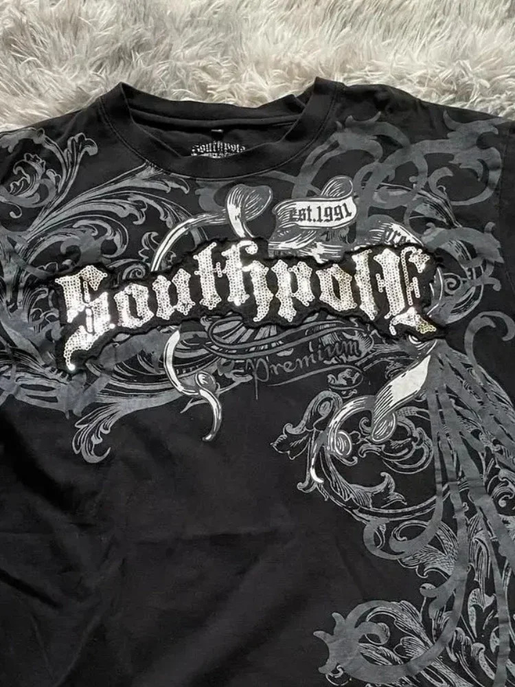 Y2K Gothic Alphabet Printed T-shirt 2000s Vintage Oversized Short Sleeve Mens Street Hip Hop Harajuku Round Neck Cotton Top 250107