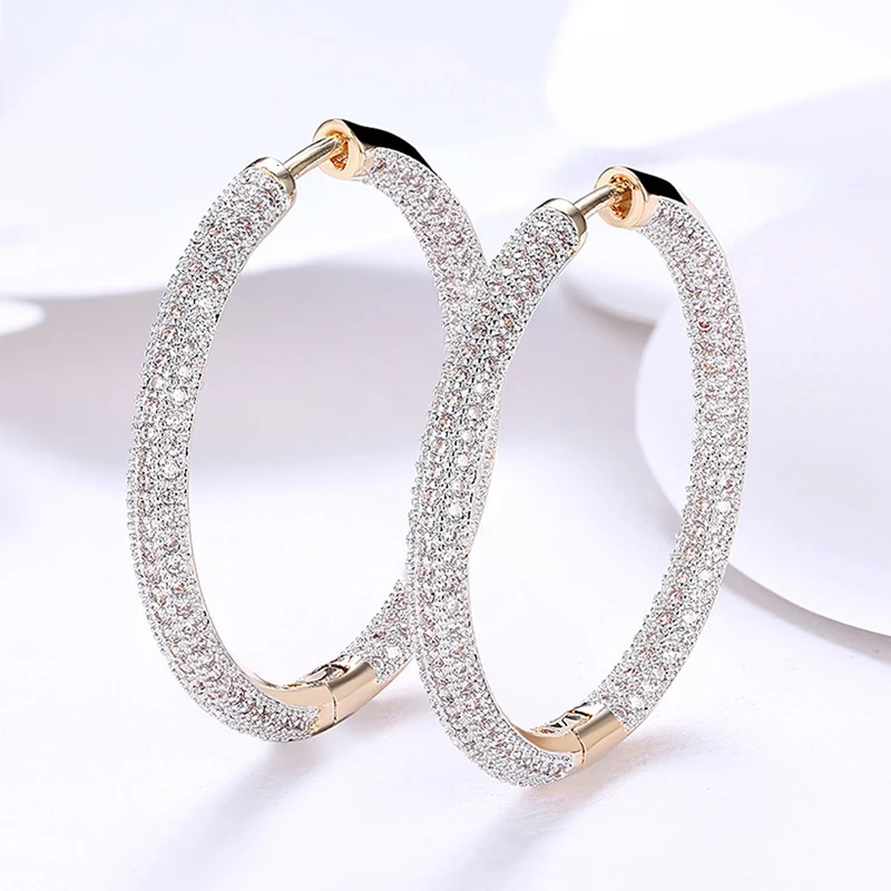 925 Sterling Silver 34mm 18K Gold Zircon Circle Hoop Earrings For Women Fashion Wedding Jewelry250103
