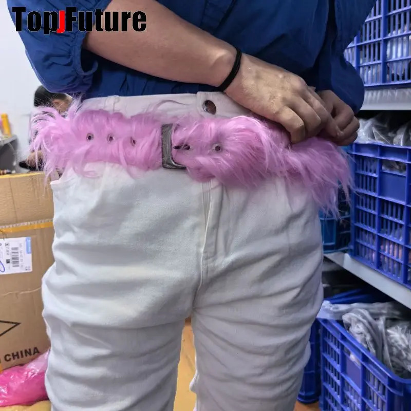 Y2K Harajuku Western Cow Cow Furry Long Fox Fur Punk Belt Women Men Gothic Cinto De Strass Ceinture Gift Belts 250107