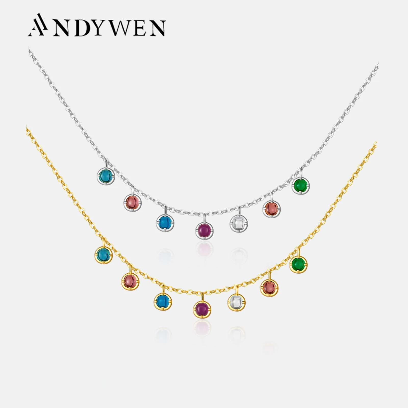 ANDYWEN 925 Sterling Silver Gold Rainbow Chain Colorful Gems Charm Beads Choker Necklace 2024 Women Fine Jewelry250103