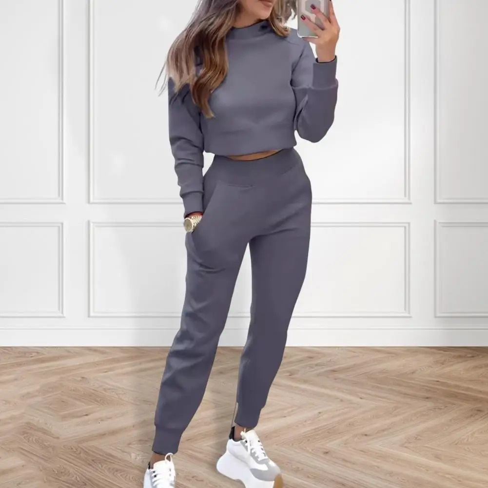 Women Cropped Top Set Womens High Collar Sweatshirt Sweatpants for Autumn Slim Fit Sport Outfit with Long Sleeves Elastic 250106