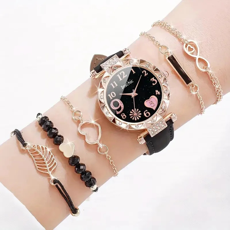 6pcsset Womens Watch Beaded Bracelet Quartz PU Leather Wrist Bracelets Combination Set Jewelry Gift For Women Girl 241228