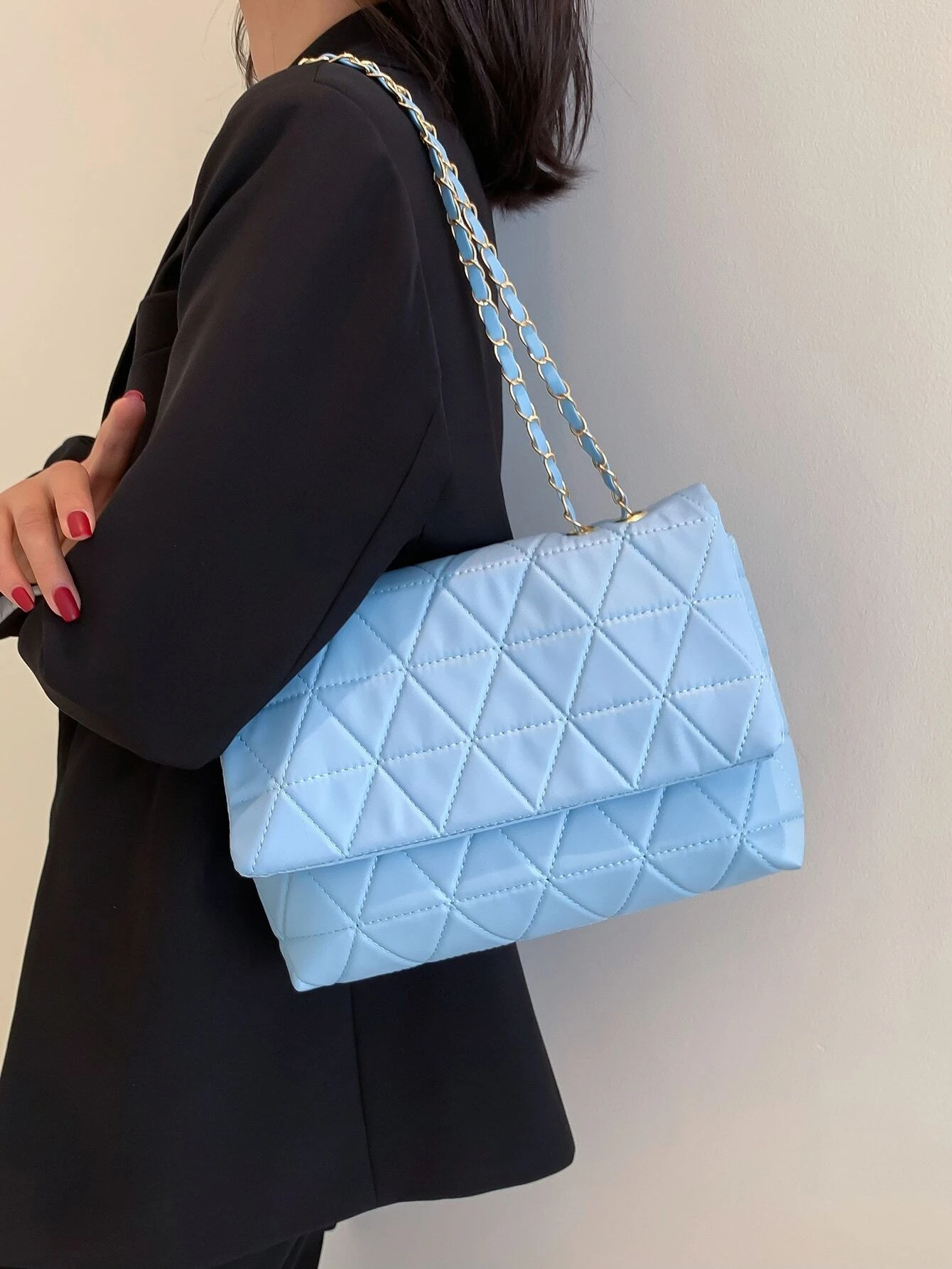 Fashion Blue Pu Flap Golden Large Capacity Niche Geometric Handbag Women's Embroidery Thread Metal Chain Shoulder Bag