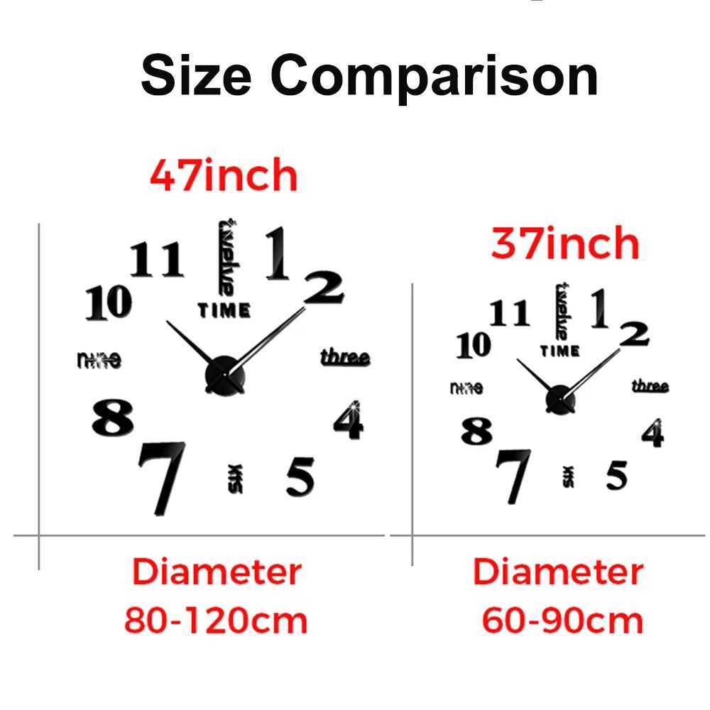 Large 3D DIY wall clock giant acrylic mirror clock frameless clock tower home decoration living room wall decoration W250107