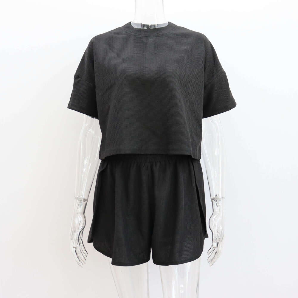 Summer Waffle Casual Suit Women's T-Shirt Round Neck Short Sleeved Top Shorts Sexy Two-Piece Set For Women