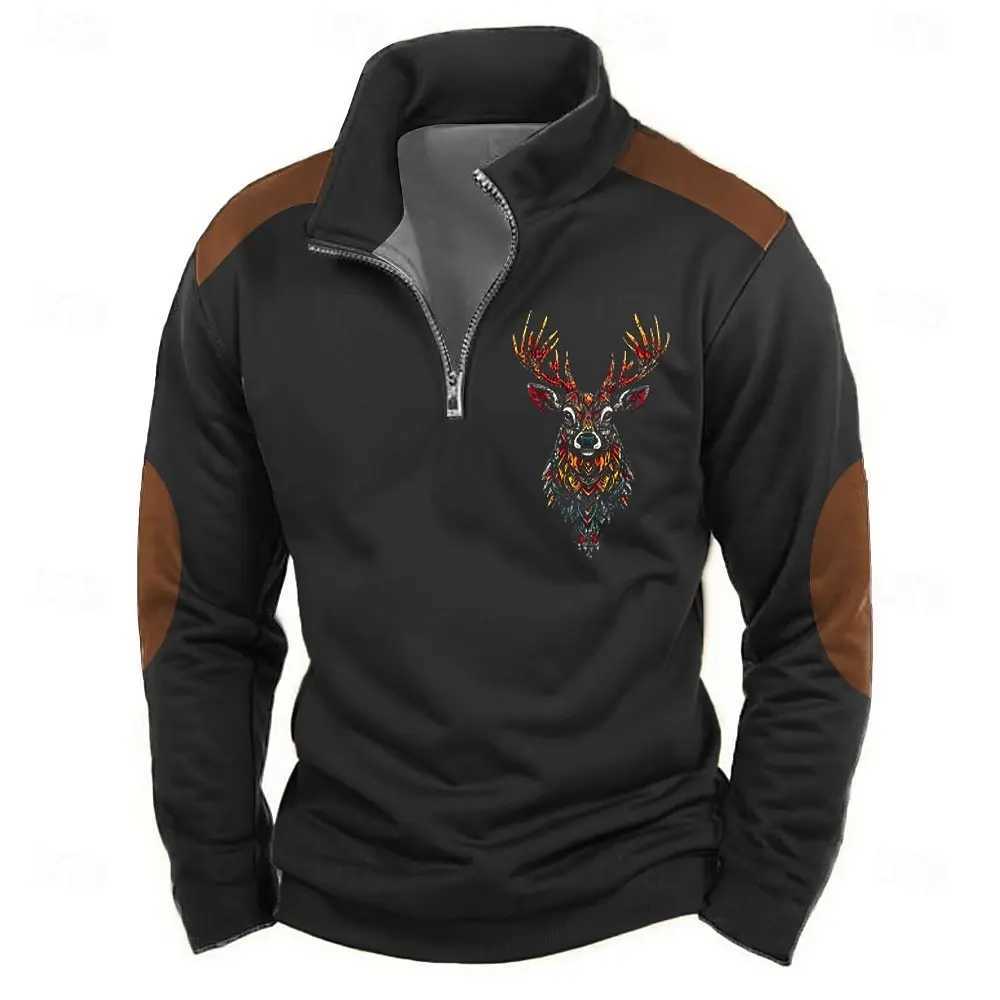 Interesting 3D reindeer print half zipper long sleeved sweatshirt fashionable stand up collar loose top autumn retro clothing casual mens zipper W2501