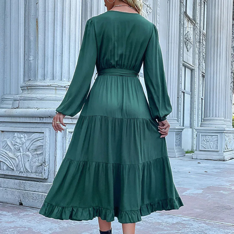 2024 Women Casual Long Sleeve v Neck Fall Dress Bohemian Ruffled Relaxed Fit Solid Maxi Dresses Tiered Cocktail Dress 250107