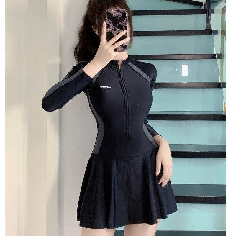 Long Sleeve Zipper One-piece Skirt Swimsuit Women Conservative Thin Slightly Fat Sexy Black Exclusive Swimming Pool Swimwear 250106