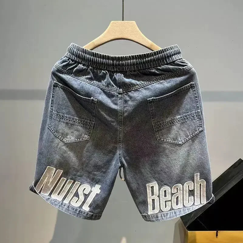 Male Denim Shorts Wide Drawstring Graphic Loose Mens Short Jeans Pants Baggy Harajuku Thin Xl Korean Fashion in Cut Blue 250107