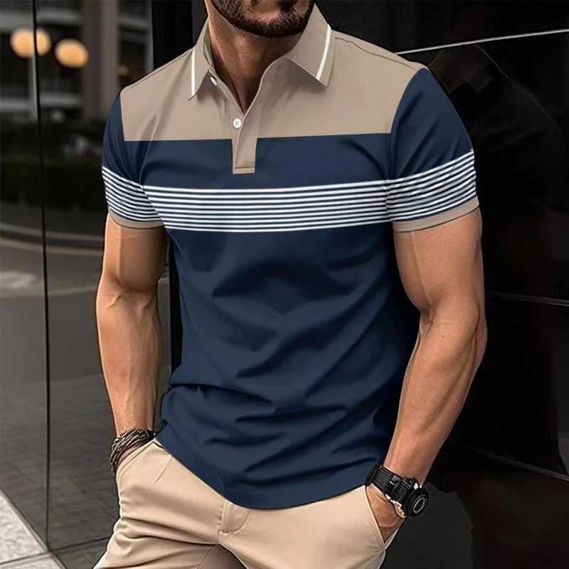 2025 New Cross-border Mens Clothing Casual POLO Shirt V-neck Button Business Striped Versatile T-shirt TopXJ250108